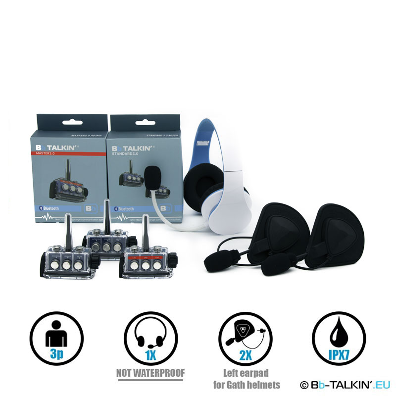 BbTalkin 3.0 3p pack with non-waterproof stereo headset and 2x mono helmet pad headset for GATH helmets